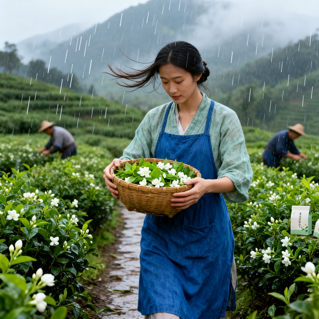 Tea farmer harvesting fresh jasmine flowers in a misty Yunnan tea field, holding a bamboo basket during light rain