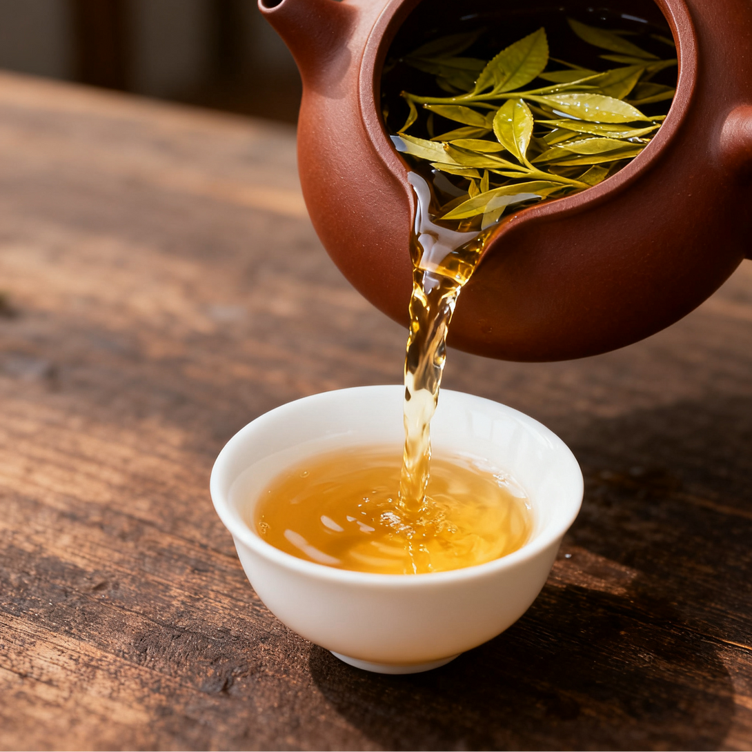 Fresh tea being poured from a clay teapot into a white cup on a wooden table
