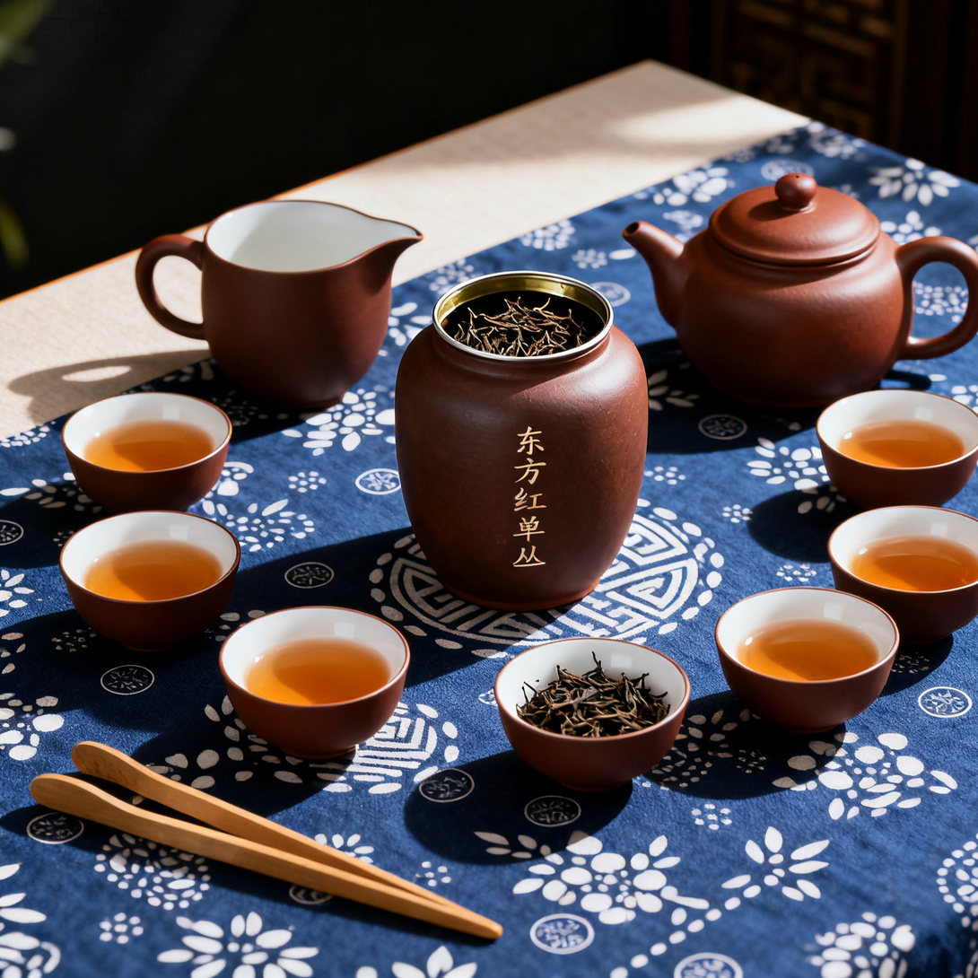 A traditional tea setup featuring a teapot, tea cups, and tea leaves on a blue floral tablecloth, with sunlight casting soft shadows.