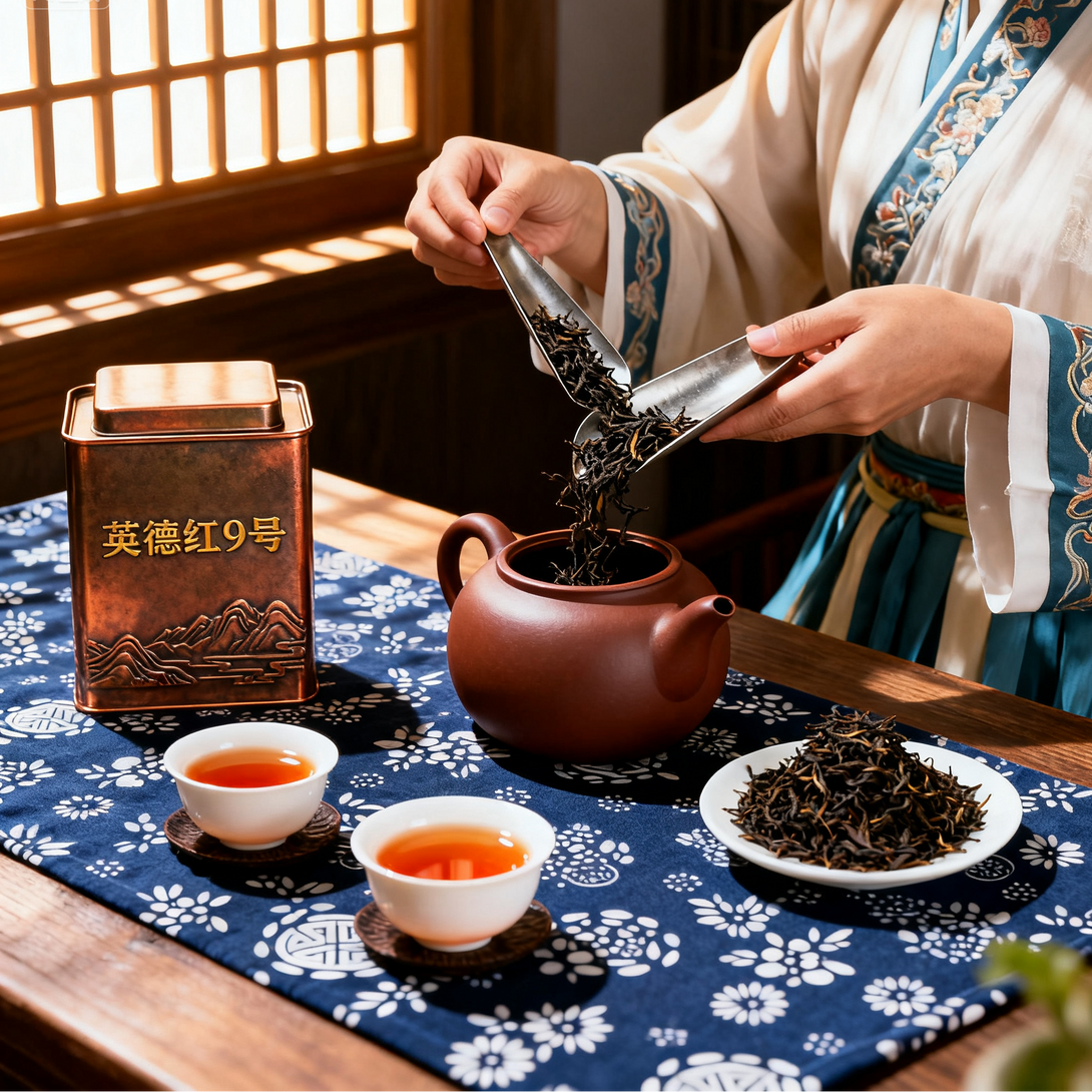 Traditional Chinese tea ceremony with Yingde black tea No.9 being poured into a clay teapot, served with tea cups on a wooden table.