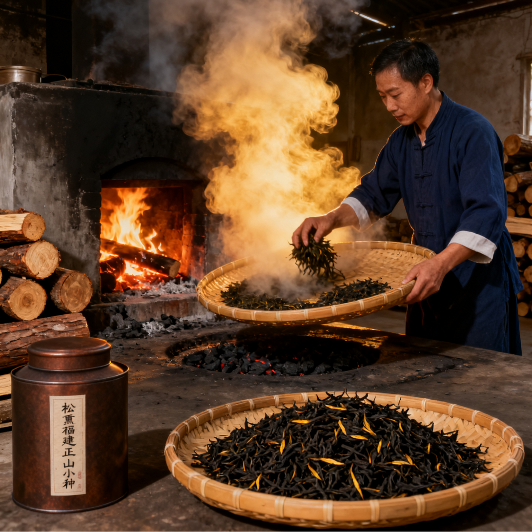 Tea leaves being smoked in a traditional bamboo basket over an open fire, with a tea storage tin nearby and smoke rising from the fire