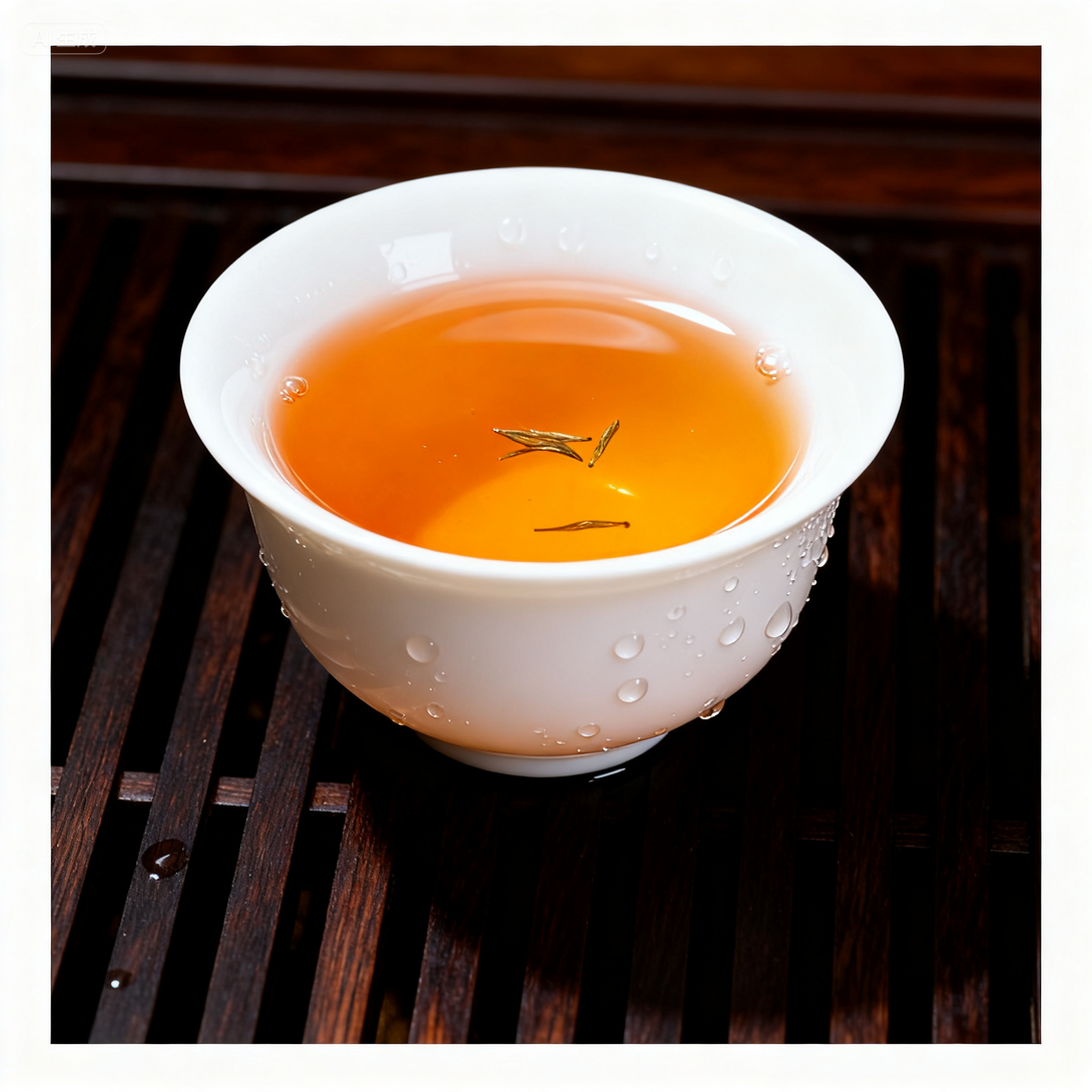 Freshly brewed Chinese tea with golden liquor and floating tea buds