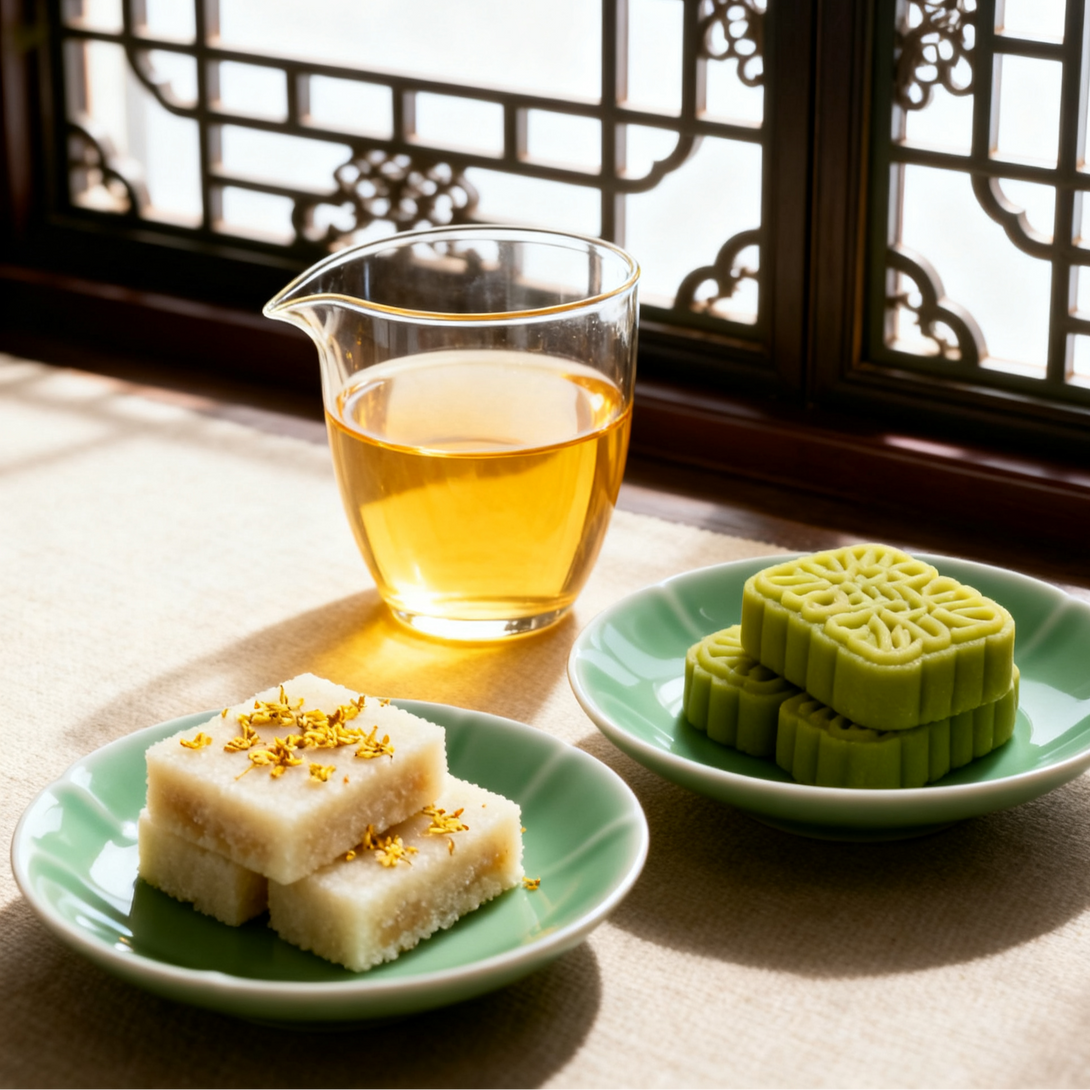 A glass of Pu-erh tea served with traditional Chinese pastries, osmanthus rice cake and green tea mooncake, elegant tea pairing