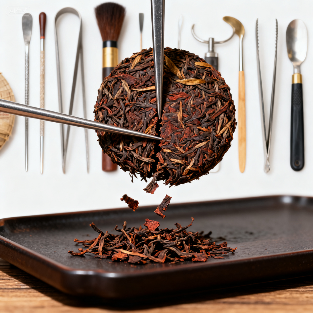 Breaking a compressed Lao Shou Mei white tea ball with tea knife, traditional Chinese tea preparation.