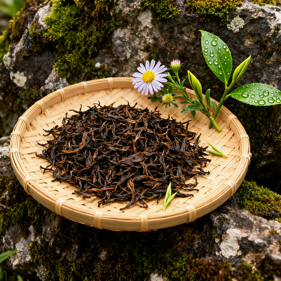Fresh tea leaves on a bamboo tray, surrounded by greenery and a flower, with mossy rocks in the background