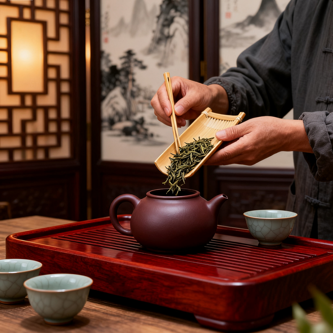 Man adding green tea leaves into a teapot with a traditional Chinese tea set on a wooden tray