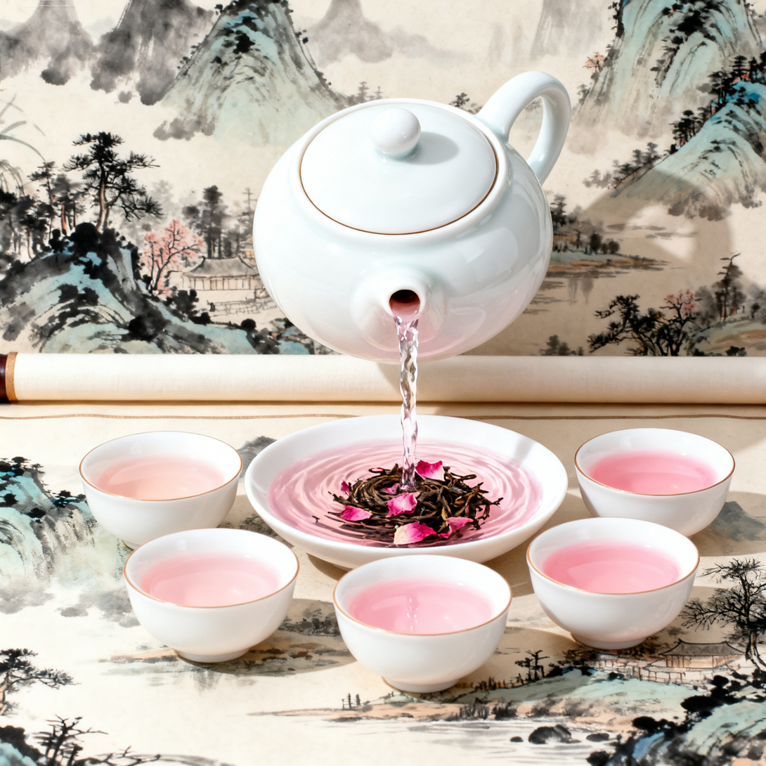 Pouring tea from a white teapot into a wide bowl surrounded by smaller cups, with dried tea leaves and rose petals, set against a traditional Chinese painting backdrop