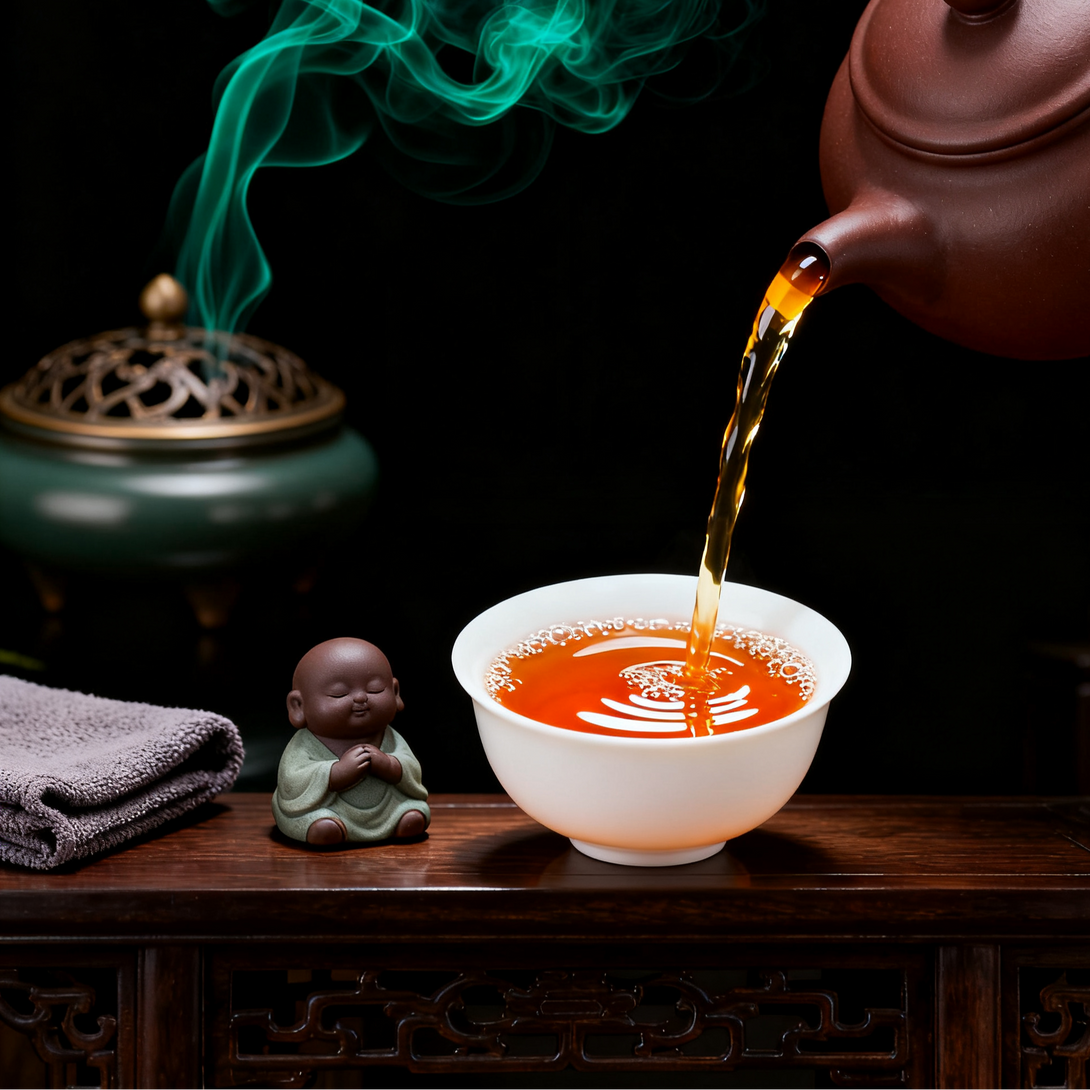 A calming tea scene with hot tea being poured into a white bowl, accompanied by a small figurine and smoke rising from the cup, set on an elegant wooden table with a towel beside.