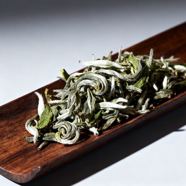 Close-up of dried tea leaves in a wooden tray