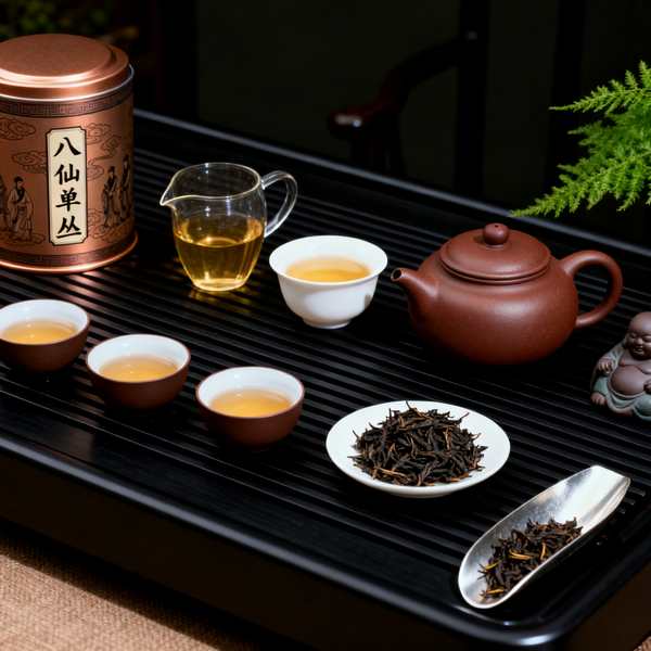 Traditional tea set with freshly brewed tea in small cups, tea leaves, and a decorative tea tin, set on a tea tray with a teapot.