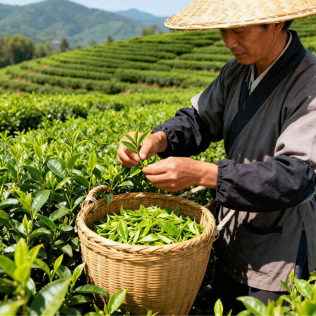 Farmer hand-picking fresh green tea leaves into a bamboo basket in a tea plantation under sunlight.