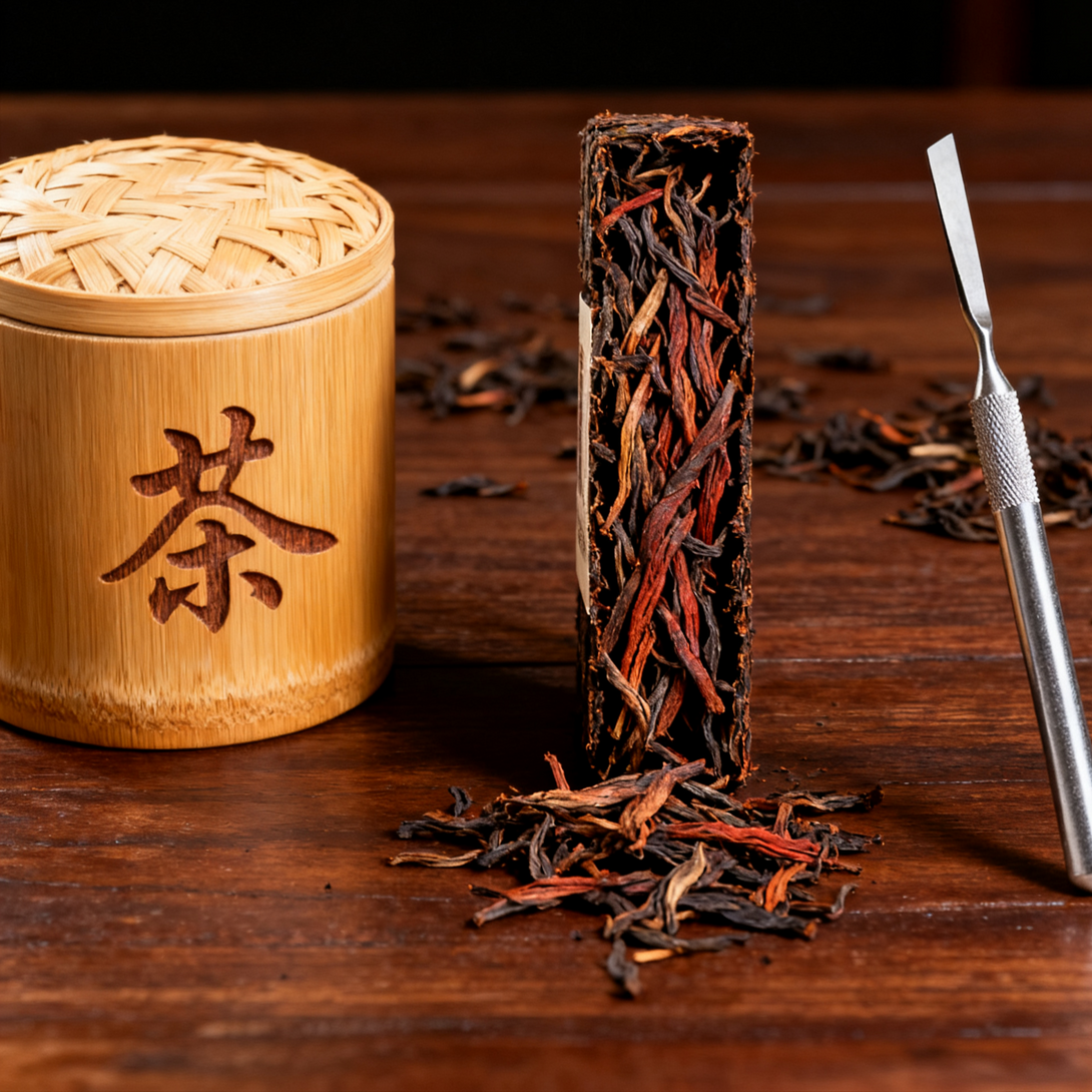 Traditional bamboo tea canister with Chinese character, premium Pu-erh tea brick, loose tea leaves, and metal tea knife on wooden background