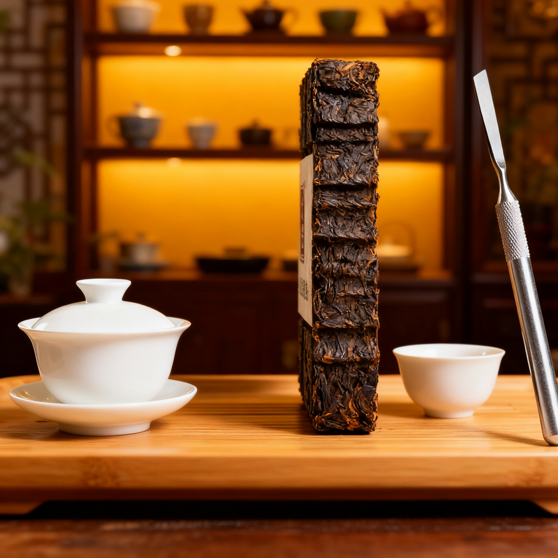 Traditional Chinese compressed Pu-erh tea brick with white porcelain gaiwan, teacup, and stainless steel tea knife on wooden tray in tea room