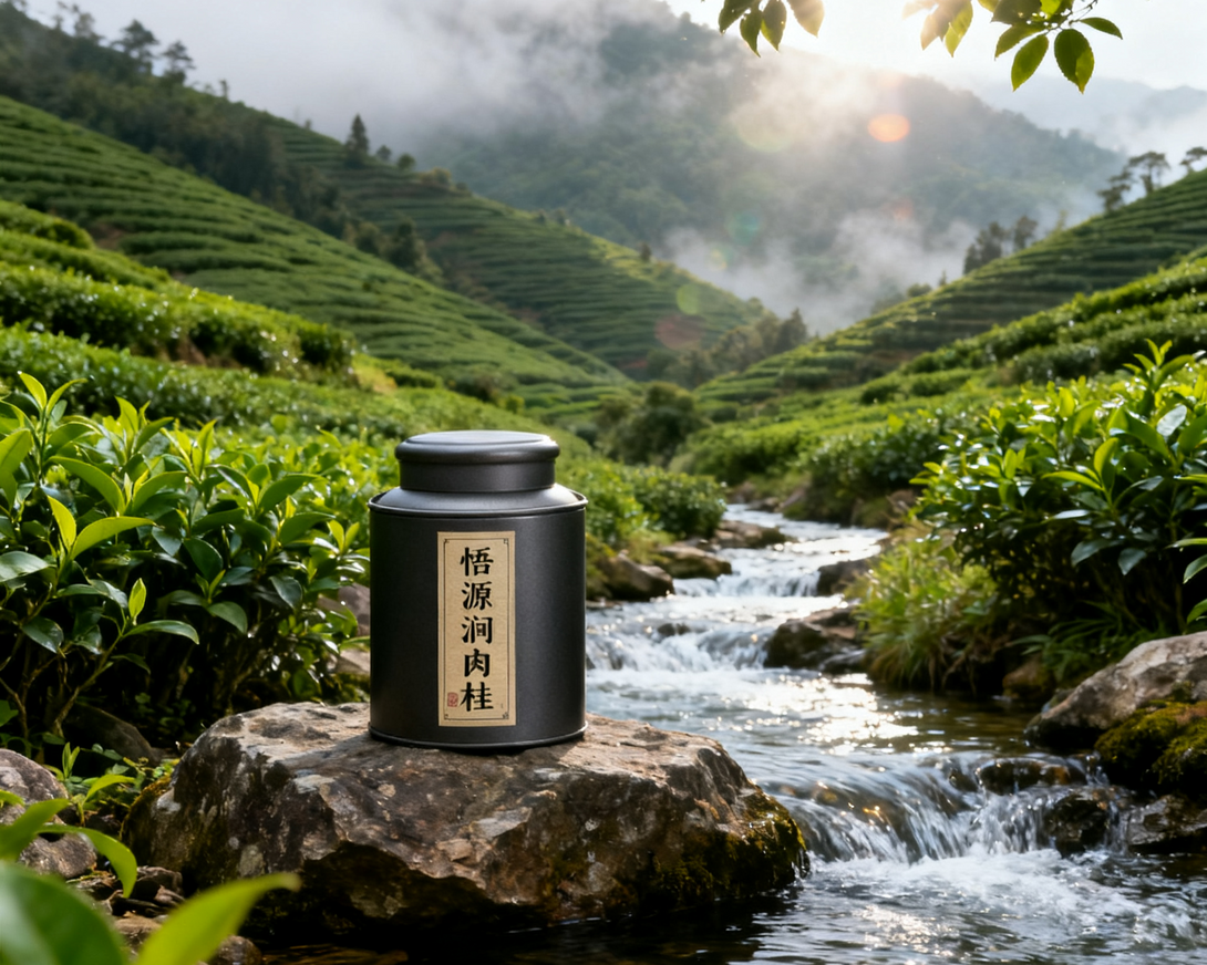 A container of Wuyang Runrougui tea placed on a rock near a stream, surrounded by lush green tea fields under a misty mountain backdrop.