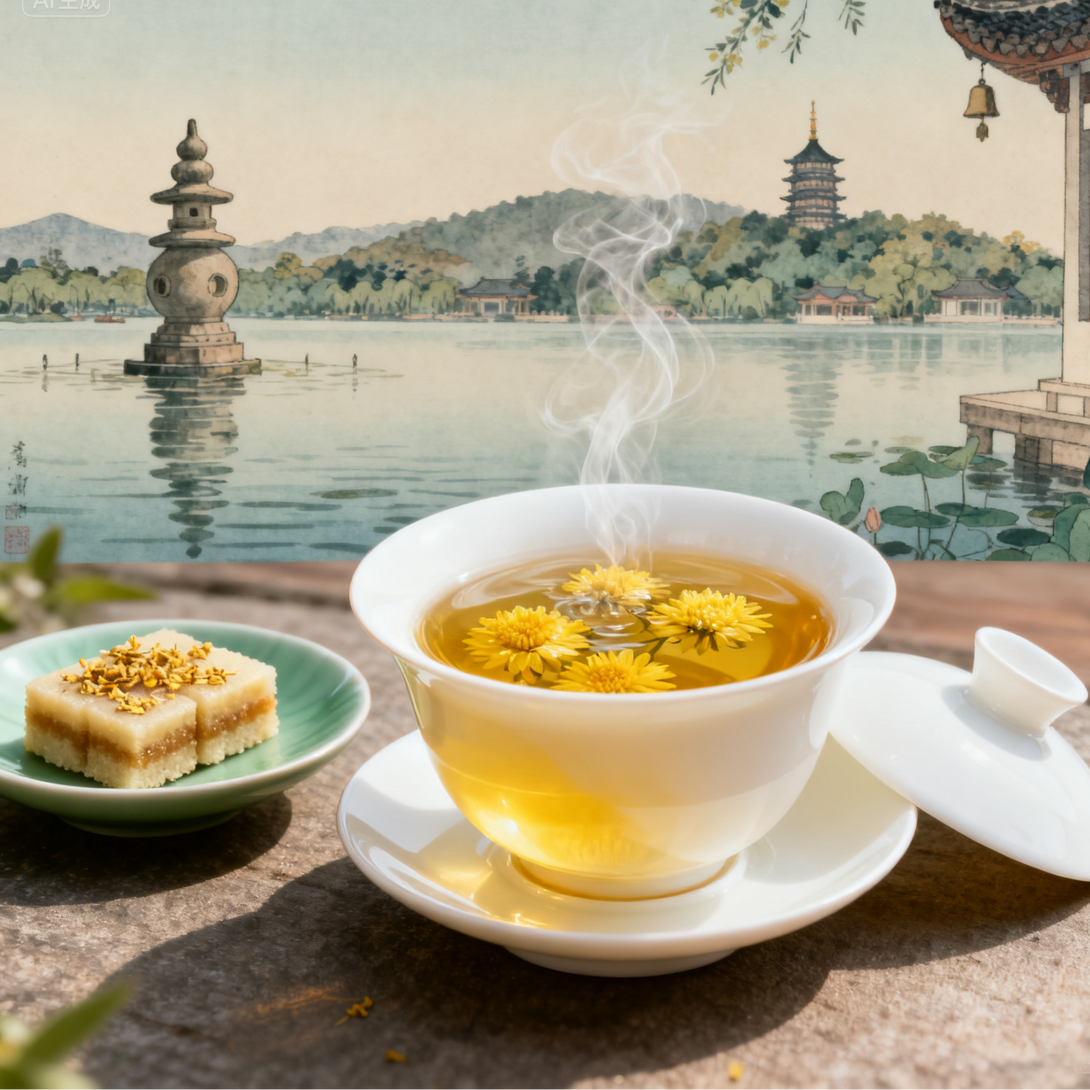 Hot chrysanthemum tea in white porcelain cup with Chinese pastry and West Lake scenic background