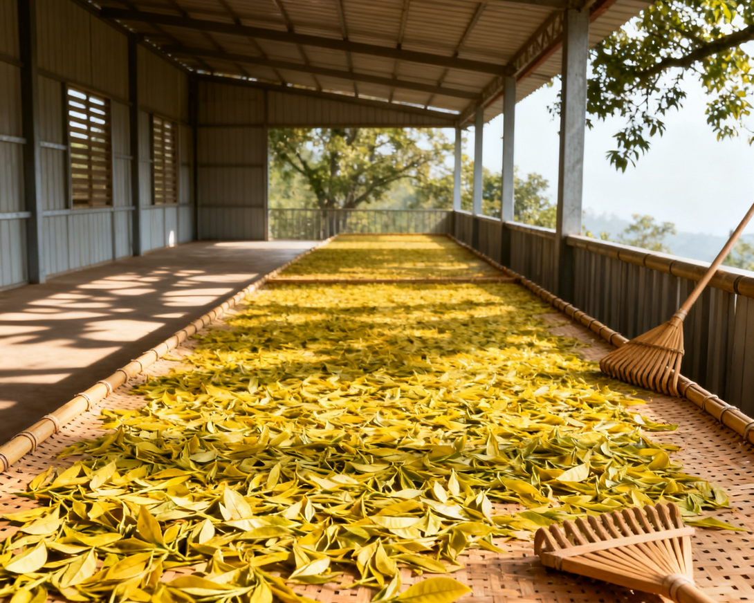 Freshly harvested tea leaves drying on a bamboo tray in a tea processing facility with a broom nearby