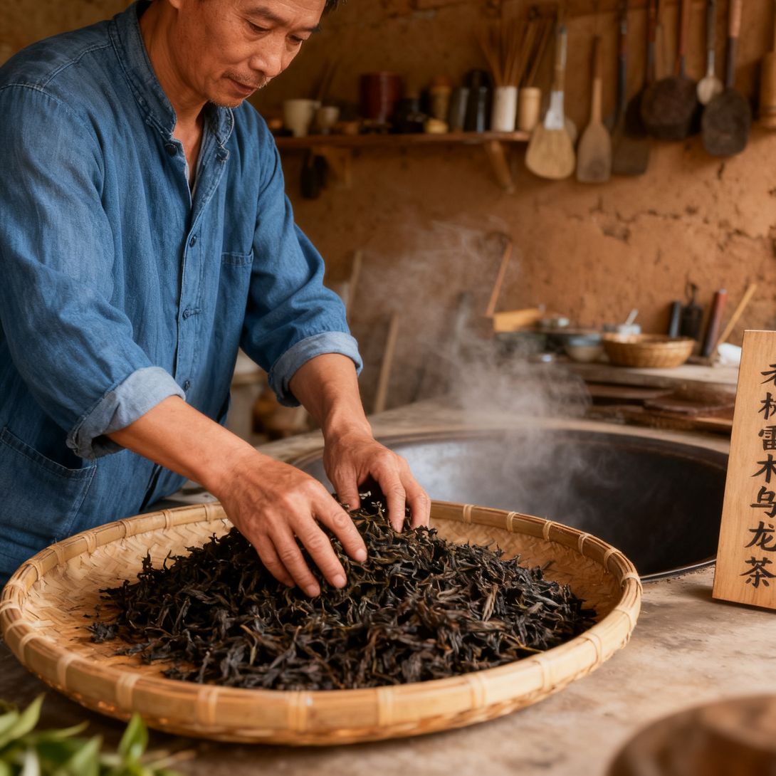 Man sorting dried tea leaves in a woven basket with steam rising from the background