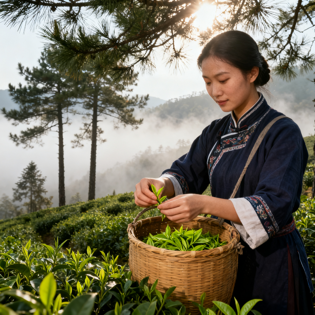 Woman picking fresh tea leaves in a tea plantation with misty mountains in the background