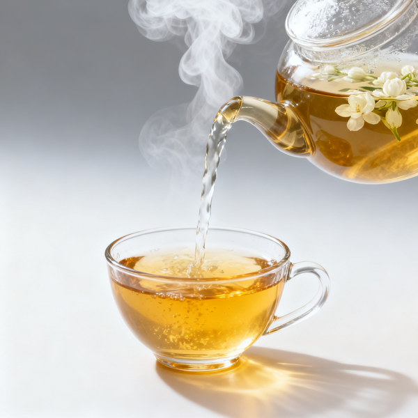 Pouring jasmine tea from a teapot into a clear cup, with steam rising and a floral aroma