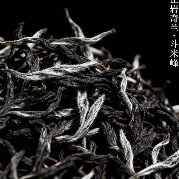 Close-up of Yan Qilan Doumifeng tea leaves with visible white buds on a black background