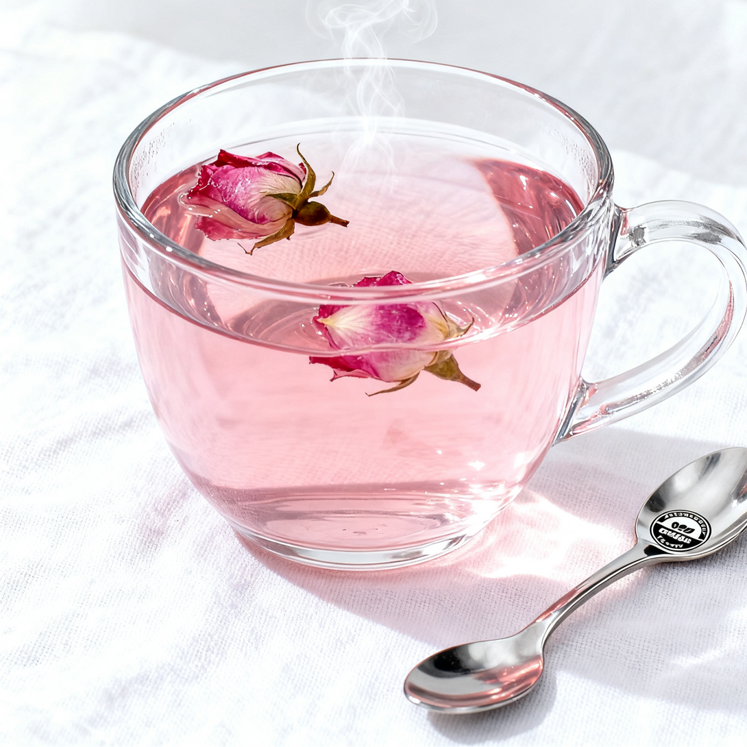 Glass cup of rose tea with floating rose petals and a spoon on a white tablecloth