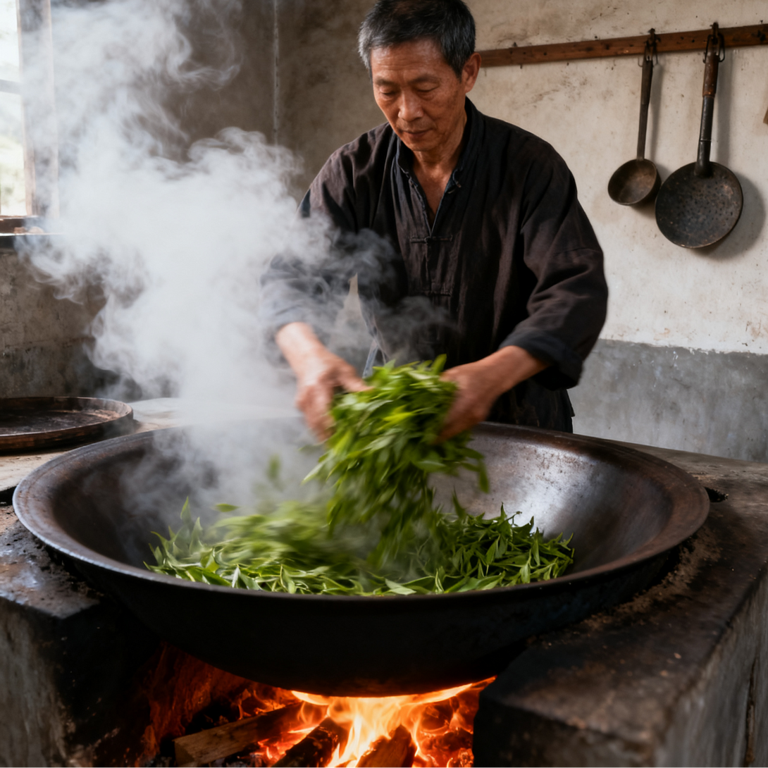 Person preparing green tea leaves in a large wok with steam rising, in a traditional processing room.
