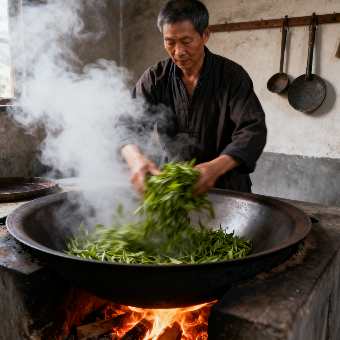 Man hand-firing fresh green tea leaves in a large wok over open flame in a traditional tea workshop.