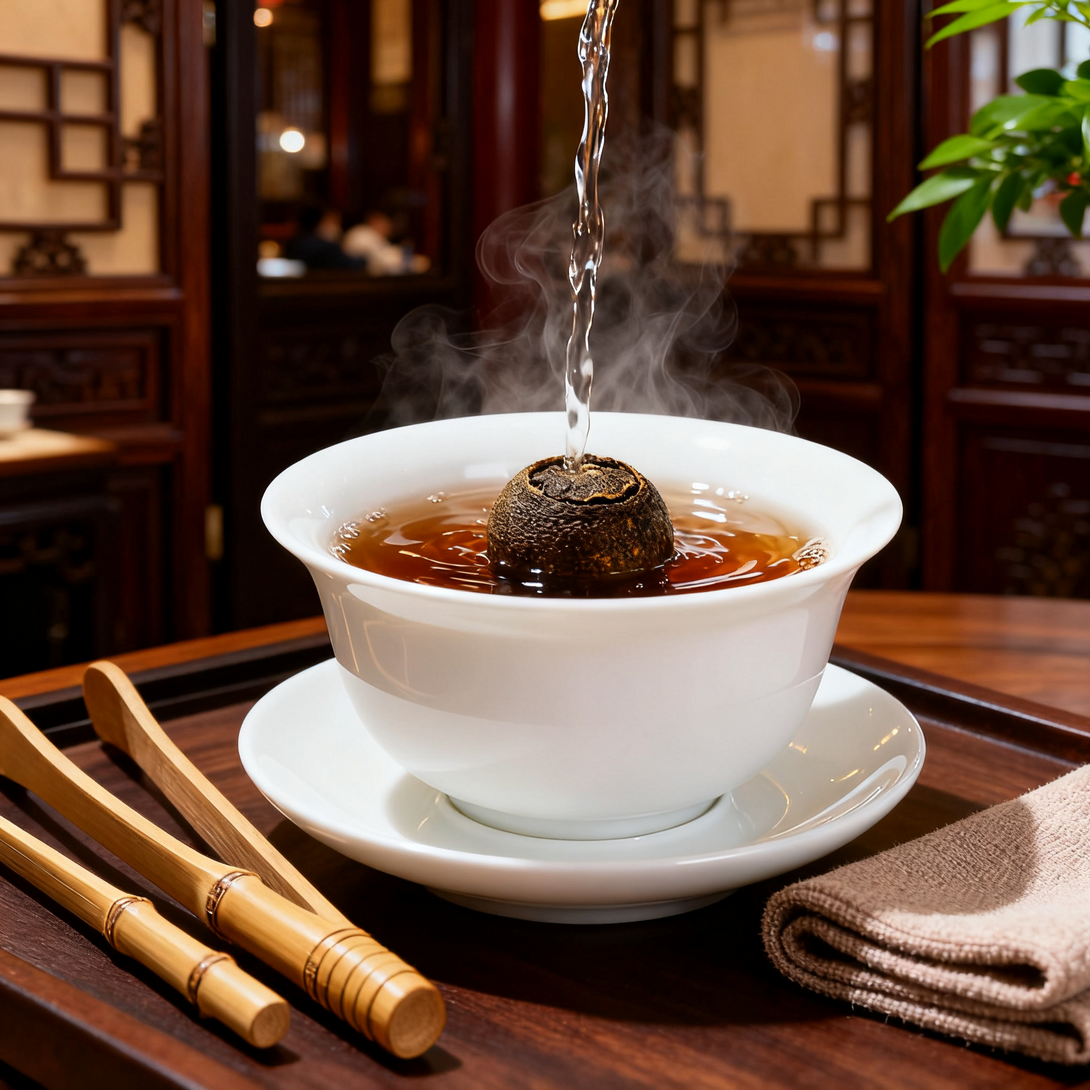 Hot water poured over a mini orange pu-erh tea ball in a white gaiwan, steaming on tea tray.