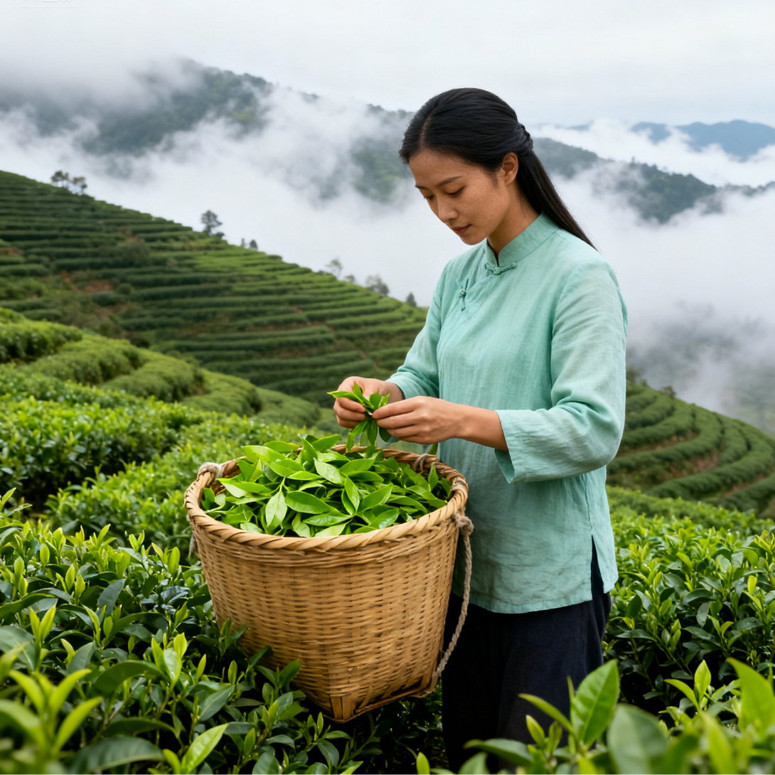 A woman carefully picking fresh tea leaves in a vibrant green tea field, with misty mountains forming a stunning backdrop.