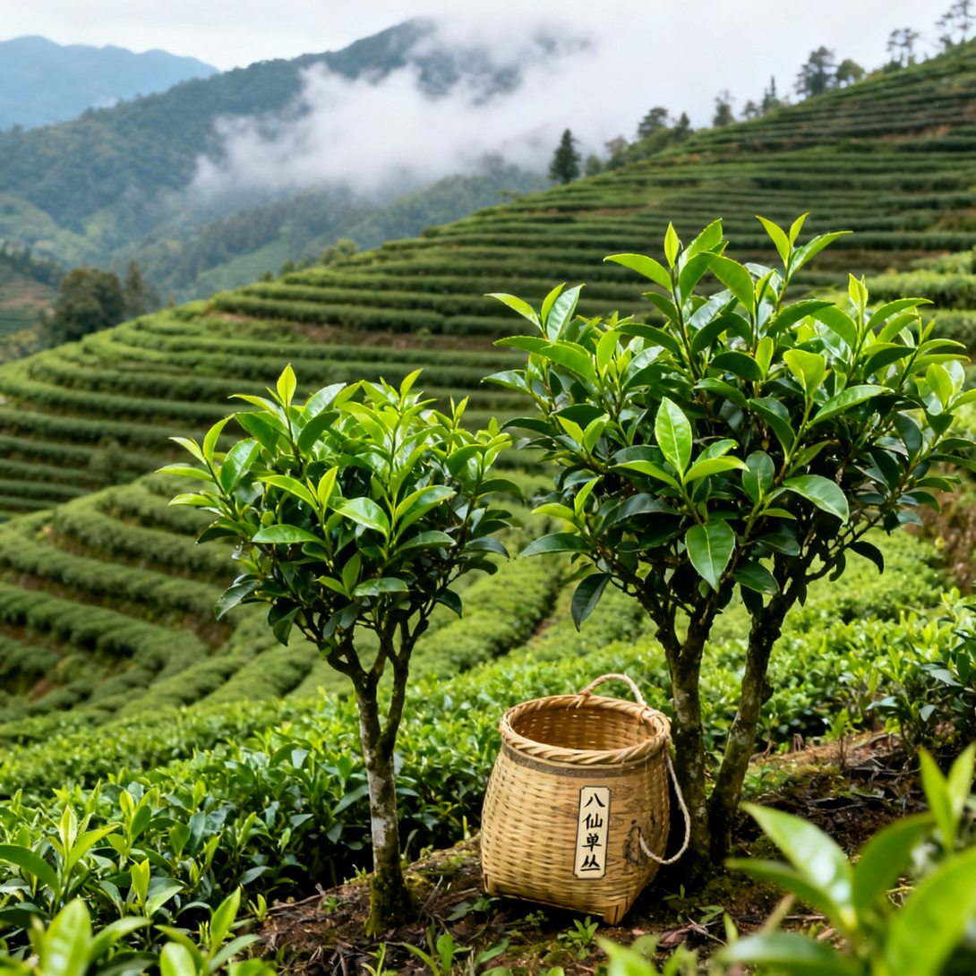 Tea plants with young leaves growing in a terraced tea plantation, with a woven bamboo basket labeled '八仙单丛' placed beside them.