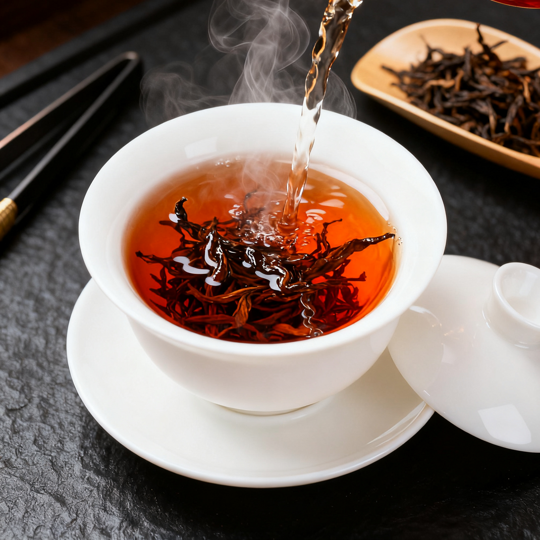 Pouring hot water into a cup of tea with loose tea leaves floating in it, with a plate of dry tea leaves in the background