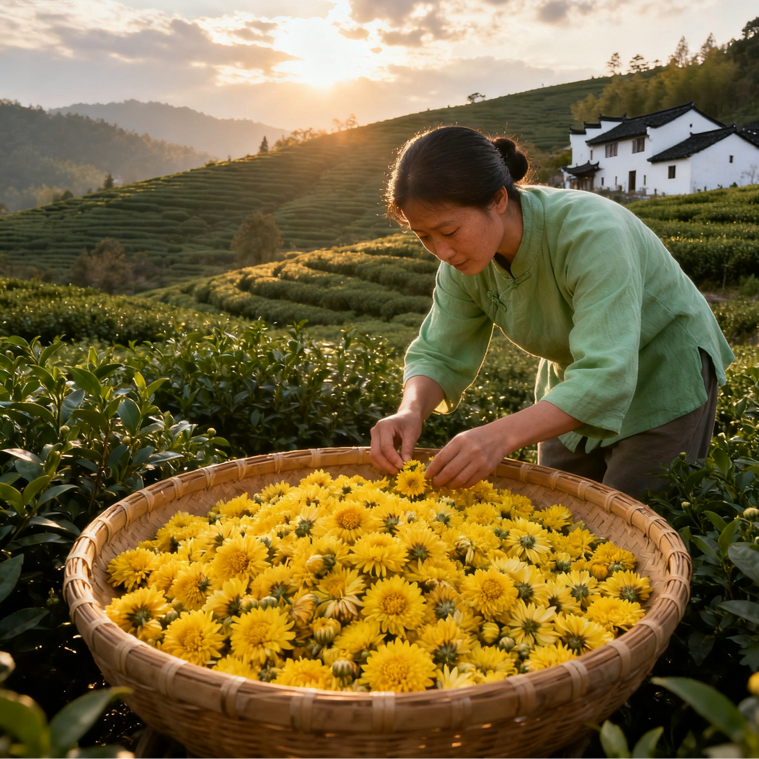 Woman harvesting yellow chrysanthemum flowers into a large bamboo basket in a tea field at sunset