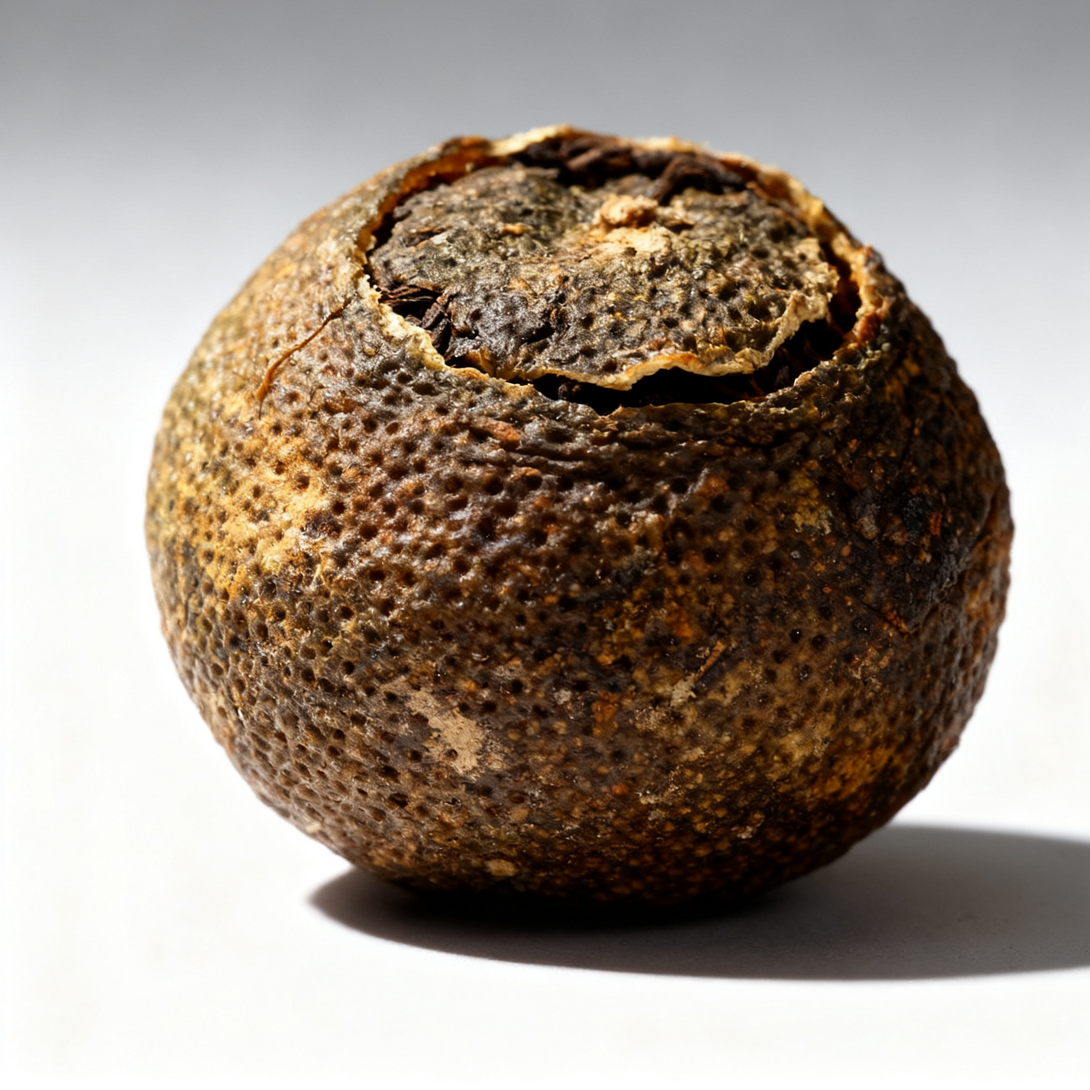 Mini orange pu-erh tea ball, dried citrus peel filled with fermented tea leaves.