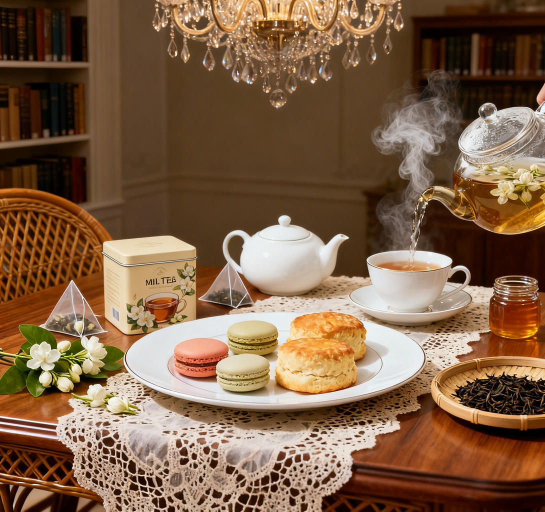 A cozy afternoon tea setup with a teapot pouring tea into a cup, surrounded by macarons, scones, a box of Mil Tea, and a jar of honey, with a lace tablecloth and flowers