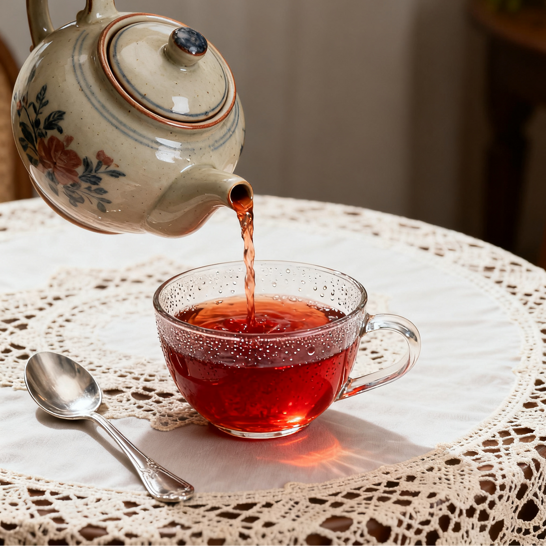 Pouring hot tea from a floral teapot into a glass cup, with steam rising and a spoon on a lace tablecloth