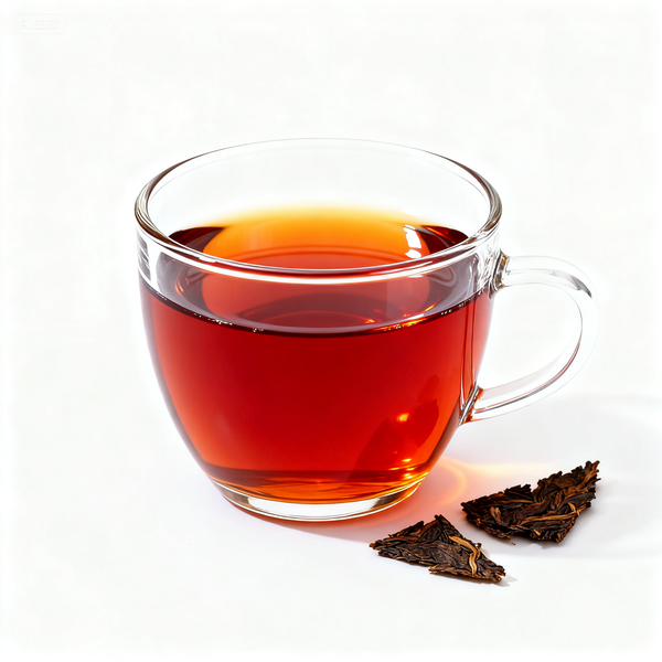 Glass cup of brewed Pu-erh tea with tea brick pieces on white background