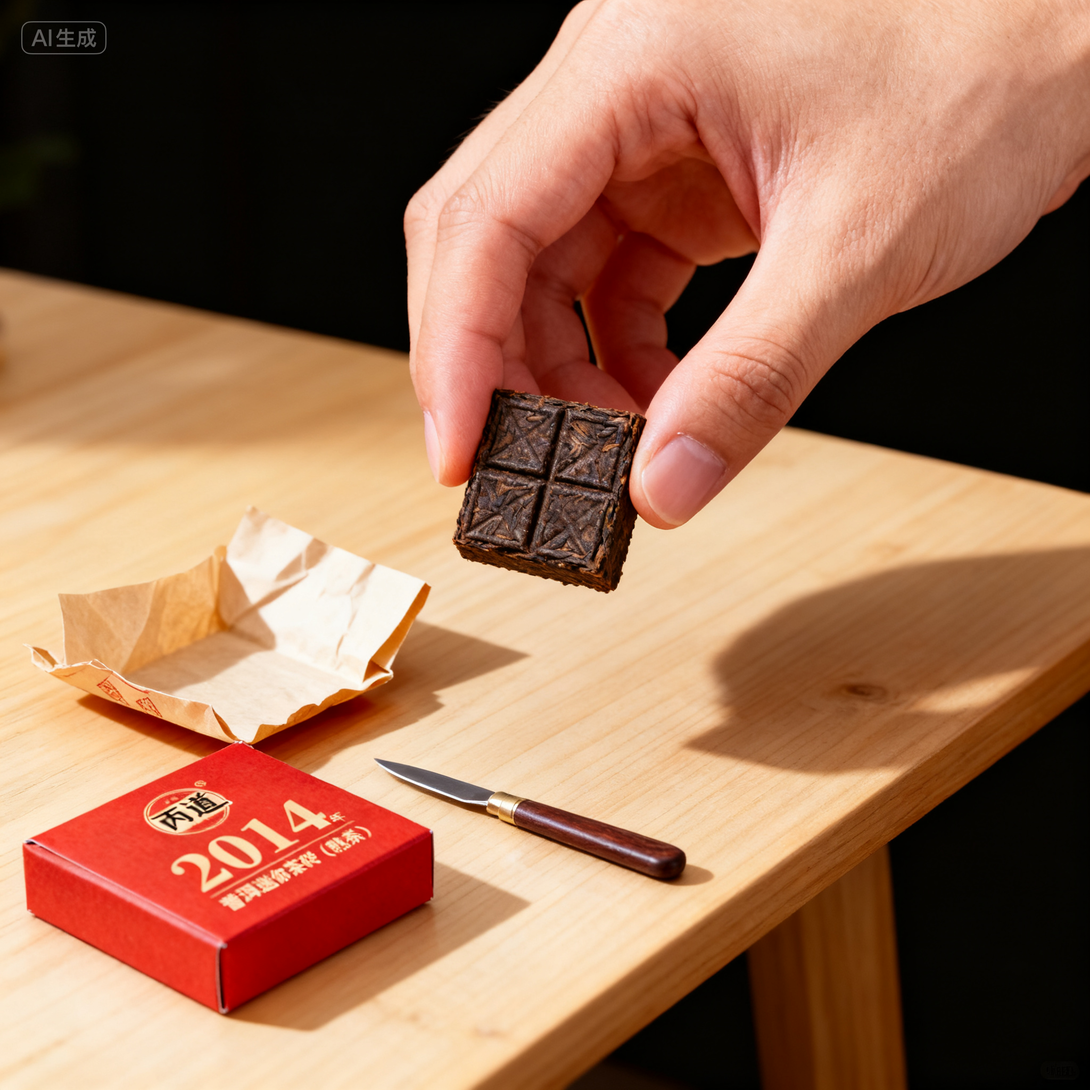 Hand holding a mini Pu-erh tea brick with 2014 packaging box and tea knife