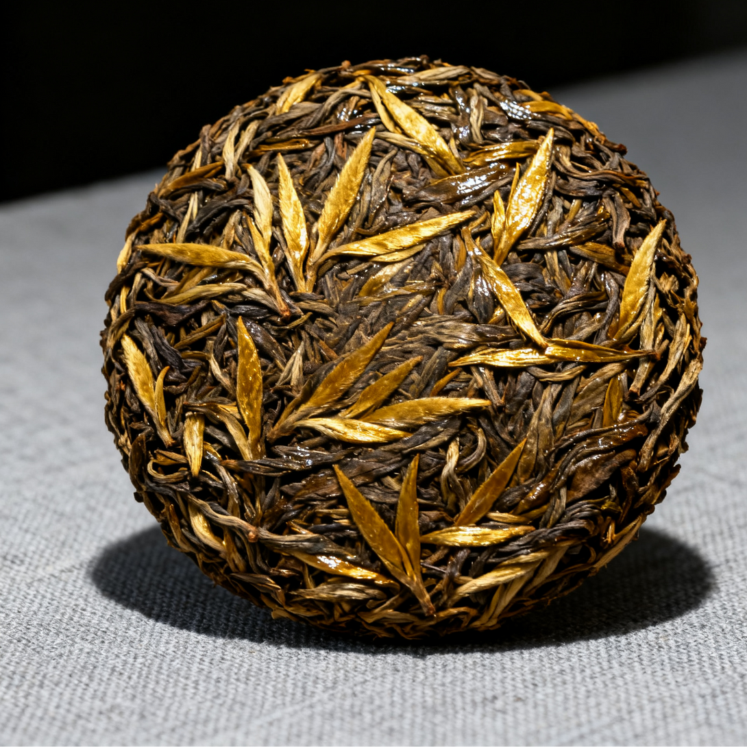 Premium aged white tea dragon ball, showing golden leaves and compact texture.