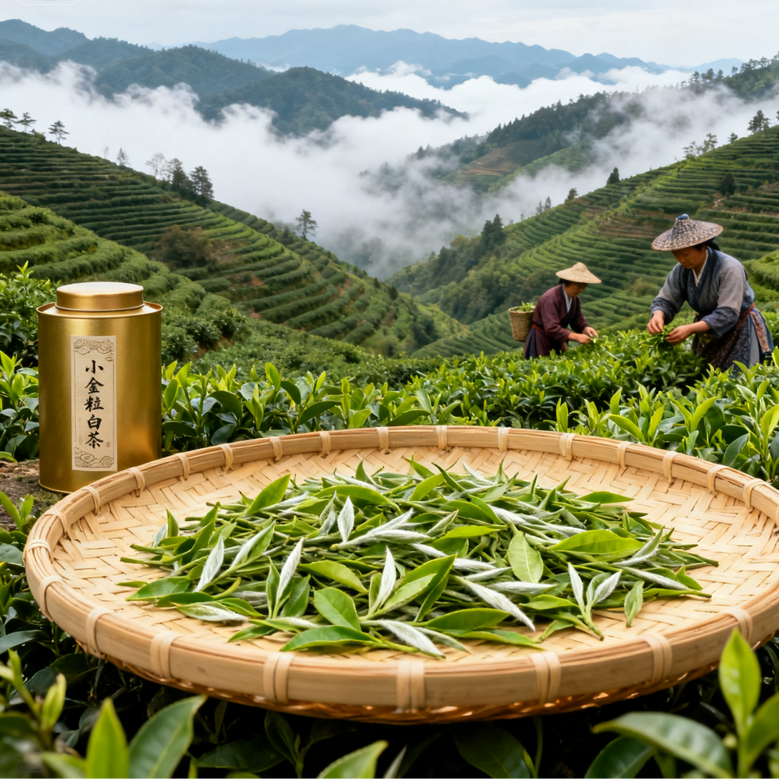 Freshly picked tea leaves in a bamboo tray with a golden tea canister, tea farmers harvesting in misty terraced fields.