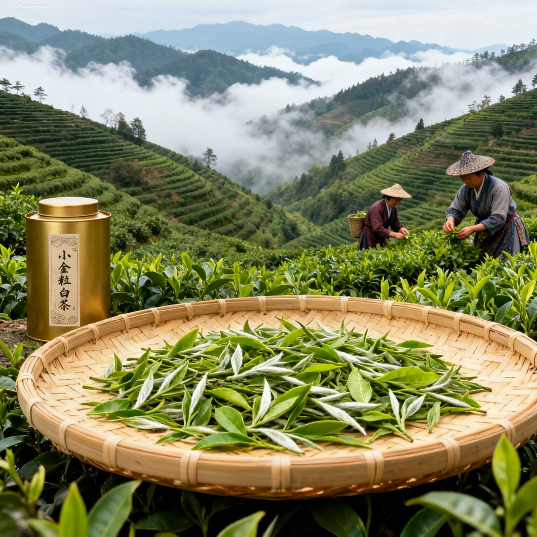 Freshly picked tea leaves in bamboo basket with golden tea tin in misty mountain tea plantation.