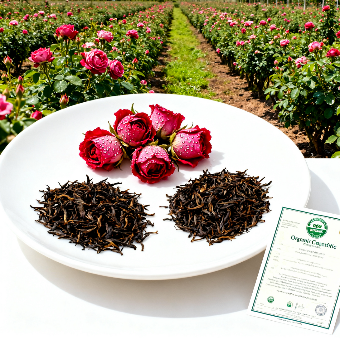 Organic black tea leaves shaped in a heart on a white plate, surrounded by fresh pink roses and an organic certification certificate