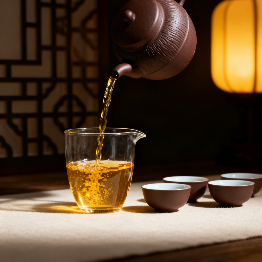 Hot tea is being poured from a purple teapot into a glass cup, with a soft warm glow from the background, creating a cozy atmosphere.