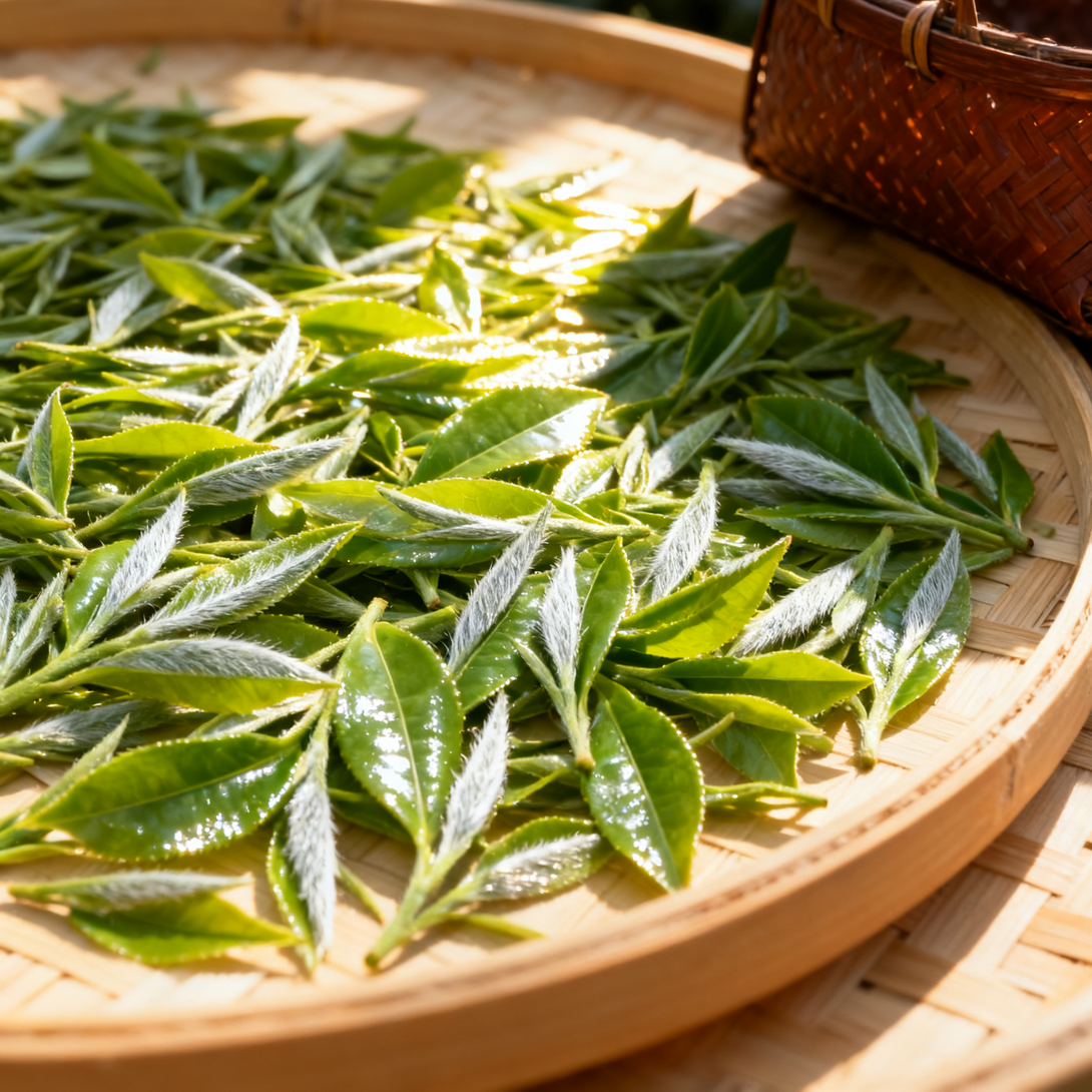 Fresh green tea leaves arranged on a woven bamboo tray with a wicker basket in the background, showcasing natural tea processing.