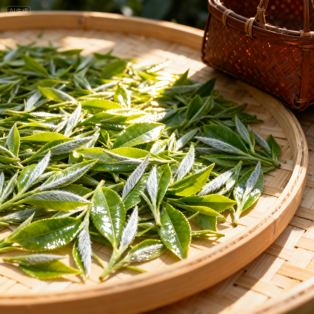 Fresh green tea leaves spread out on a bamboo tray with a woven basket in the background.