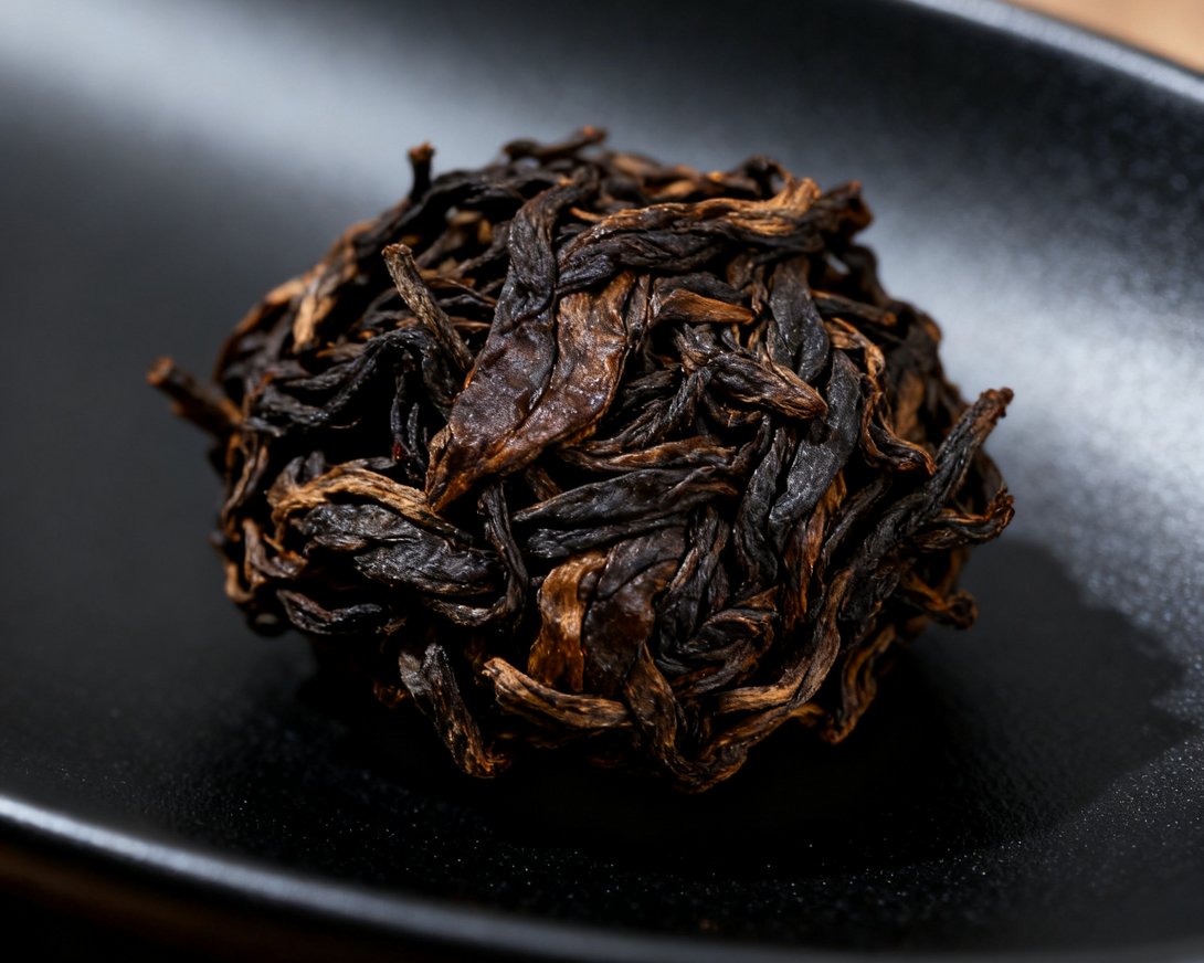 A close-up image of a tea ball, formed from tightly rolled tea leaves, placed on a black ceramic plate. The tea leaves are dark brown and twisted in a compact shape, showcasing the texture and intricate folds of the dried leaves