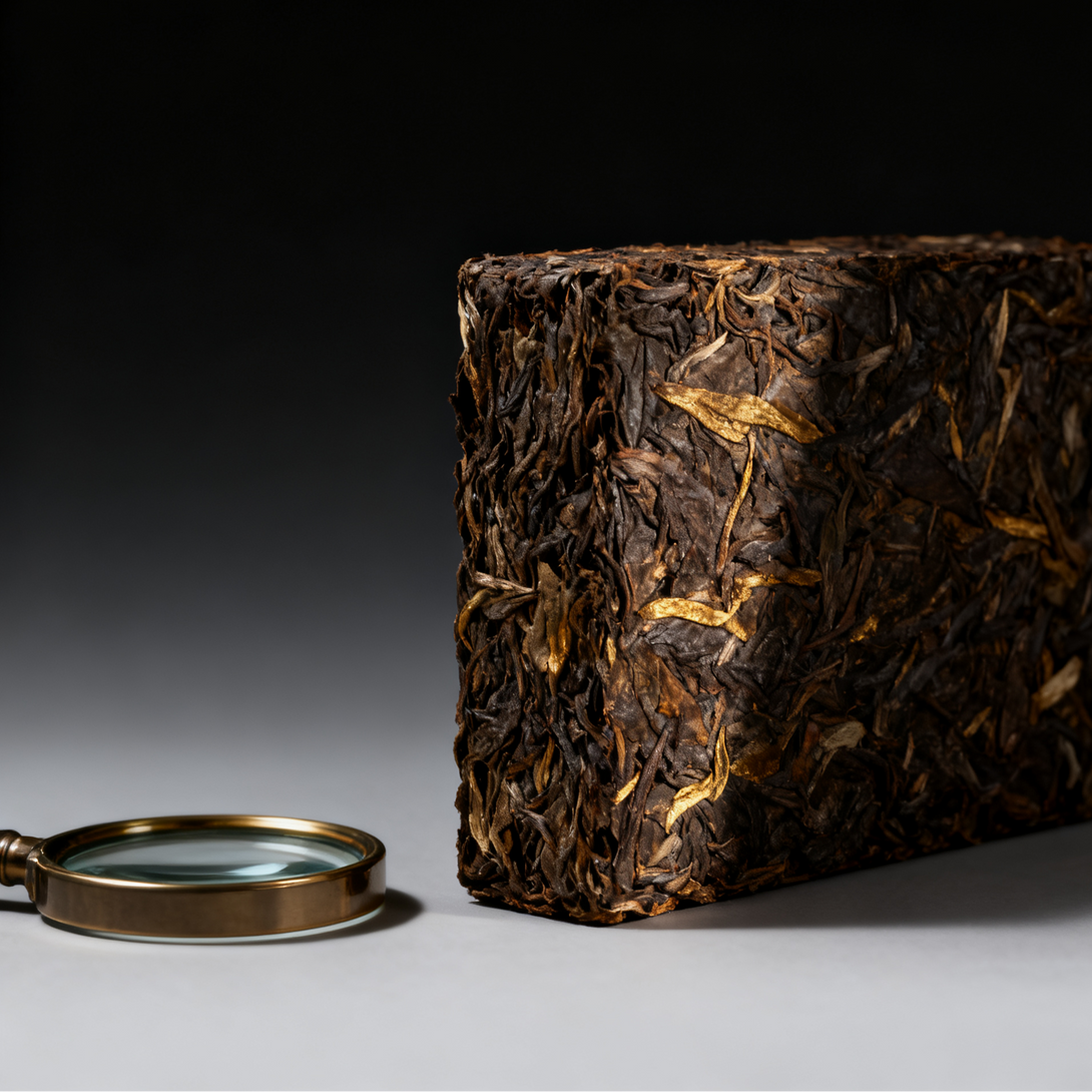 Close-up of aged Gong Mei White Tea leaves from 2012 Fuding