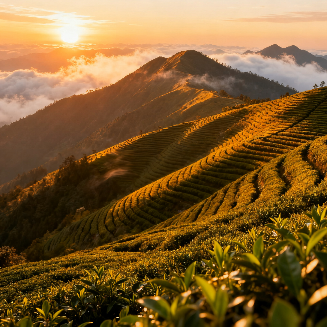 A scenic view of tea plantations on a mountainside during sunset, with mist and lush greenery