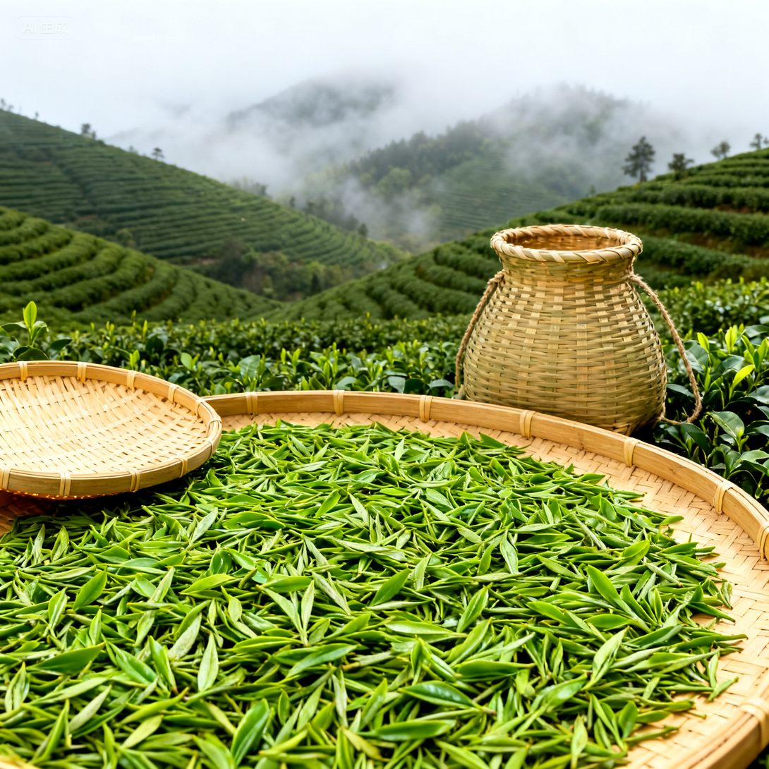 Freshly picked green tea leaves drying in bamboo trays with misty mountain tea plantations in the background.