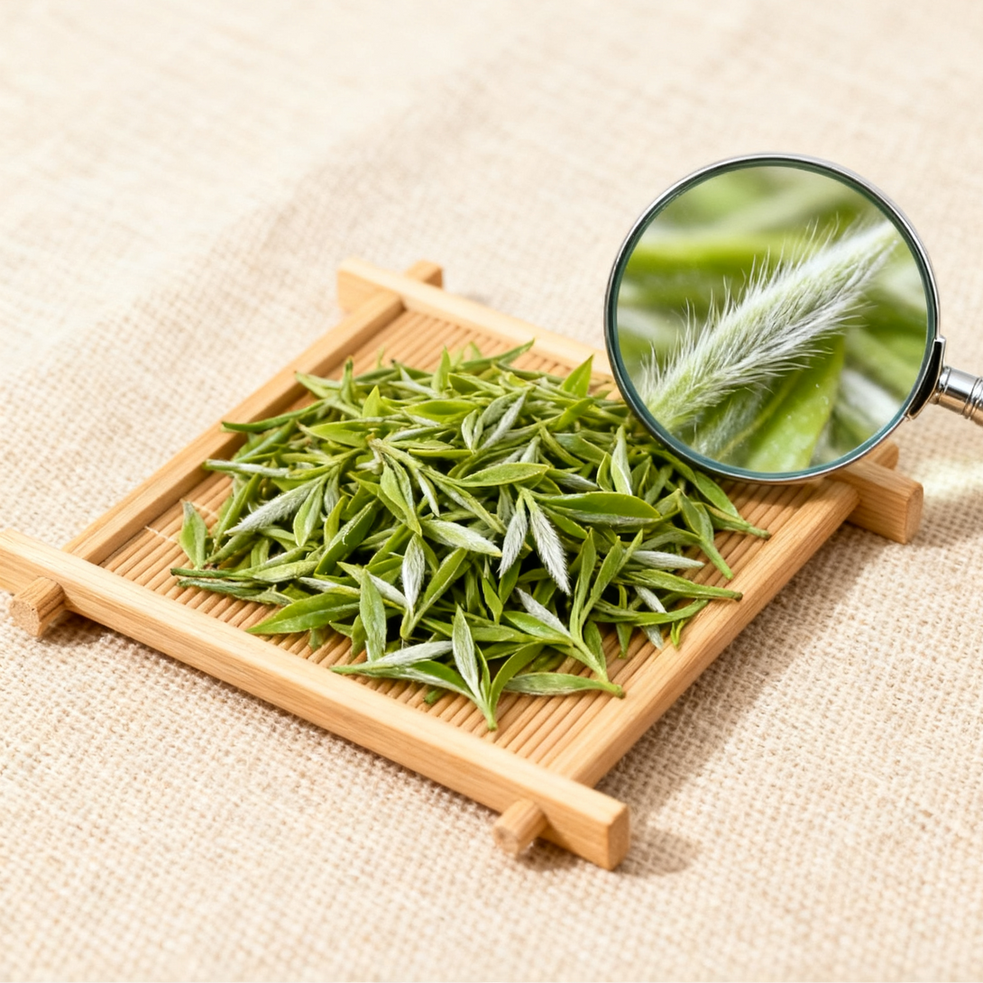 Close-up of green tea leaves on a wooden tray with a magnifying glass showing detailed tea leaf texture.