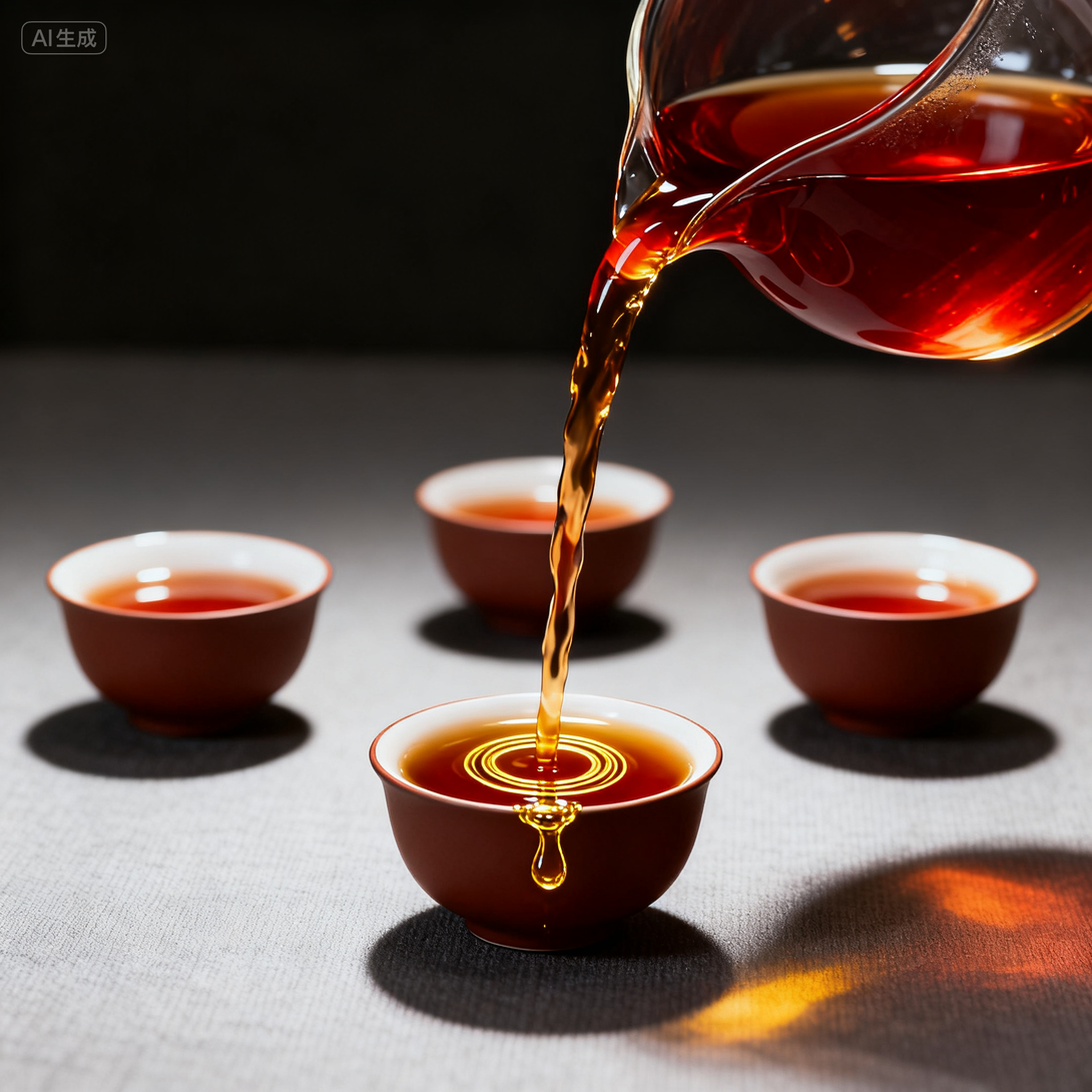 Freshly brewed Pu-erh tea being served in small ceramic teacups, rich amber color.
